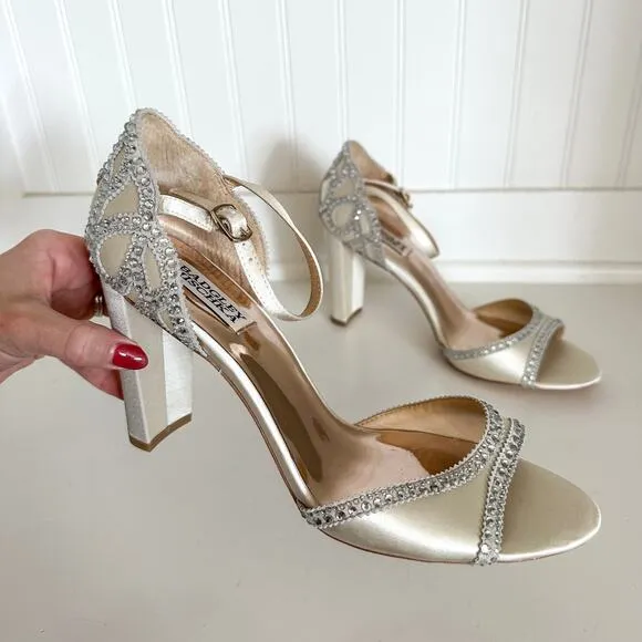 Badgley Mischka Kelly Embelished Block-heel Evening Sandals in Ivory Satin 9.5