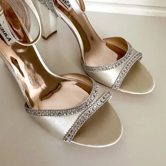 Badgley Mischka Kelly Embelished Block-heel Evening Sandals in Ivory Satin 9.5