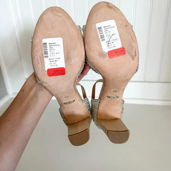 Badgley Mischka Kelly Embelished Block-heel Evening Sandals in Ivory Satin 9.5