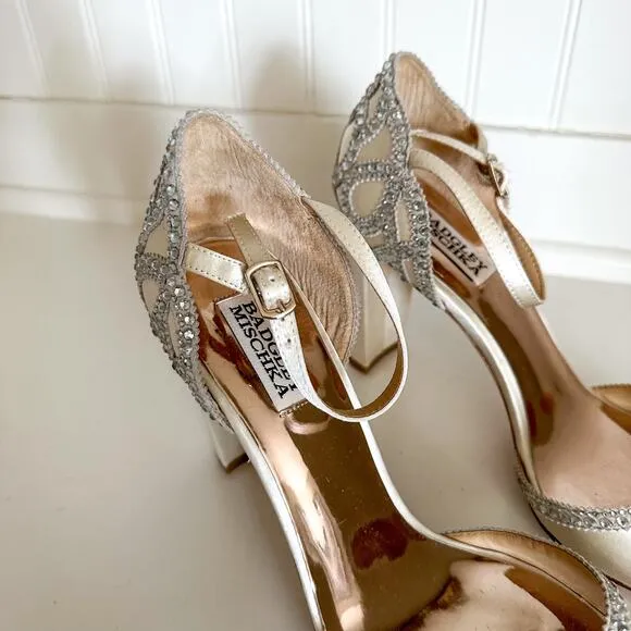 Badgley Mischka Kelly Embelished Block-heel Evening Sandals in Ivory Satin 9.5