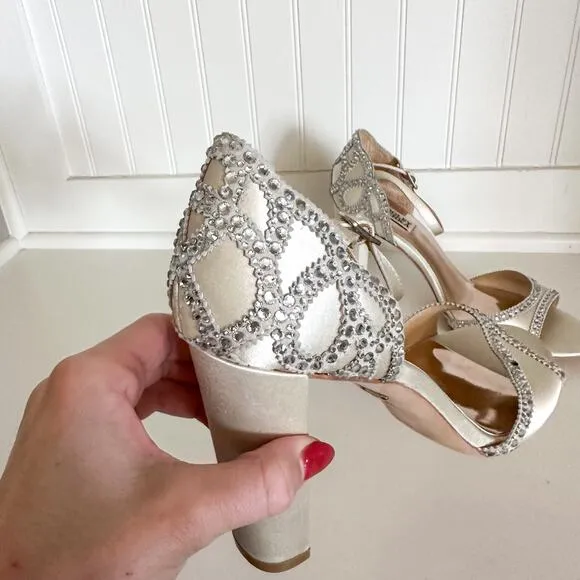 Badgley Mischka Kelly Embelished Block-heel Evening Sandals in Ivory Satin 9.5