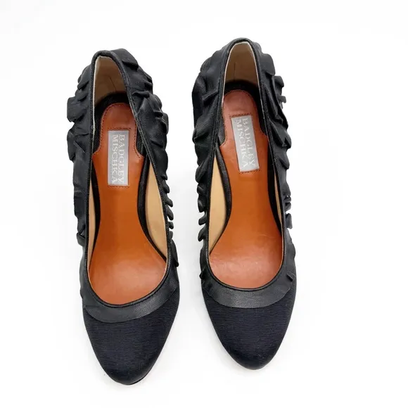 Badgley Mischka Tai Black Leather Ruffle Pumps Size 6
