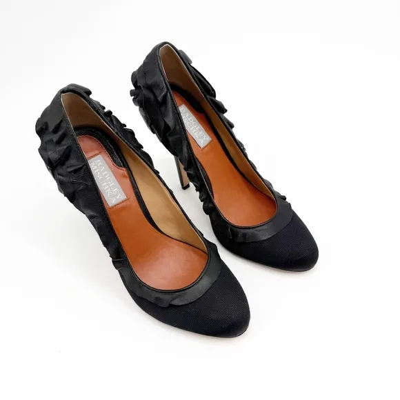 Badgley Mischka Tai Black Leather Ruffle Pumps Size 6