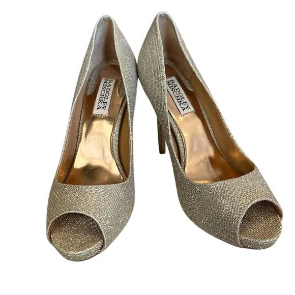 Badgley Mischka Women's Gold Glitter Peep-Toe Stiletto Pumps Size 6.5