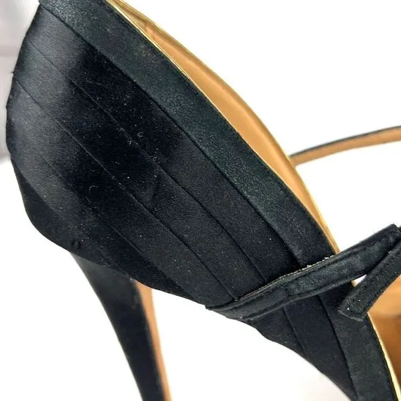 Badgley Mischka High Heels Open Toes Shoes Black Satin/ Leather Size US 6,5 M
