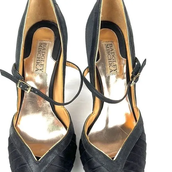 Badgley Mischka High Heels Open Toes Shoes Black Satin/ Leather Size US 6,5 M
