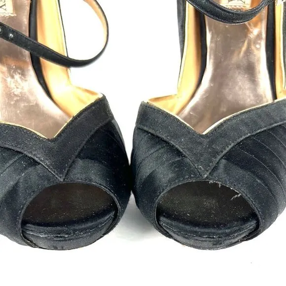 Badgley Mischka High Heels Open Toes Shoes Black Satin/ Leather Size US 6,5 M
