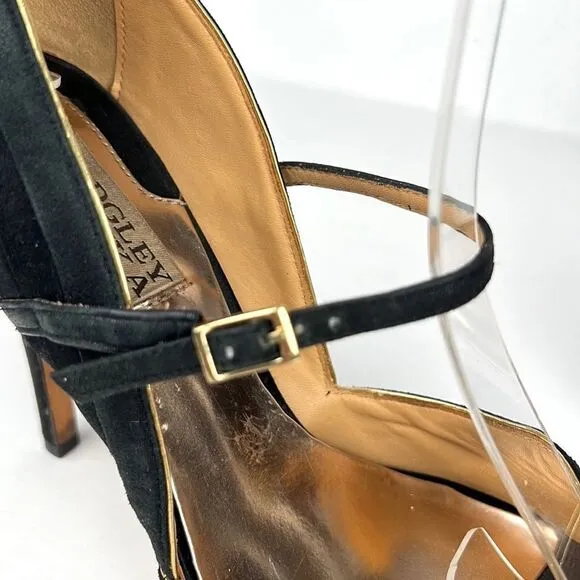 Badgley Mischka High Heels Open Toes Shoes Black Satin/ Leather Size US 6,5 M