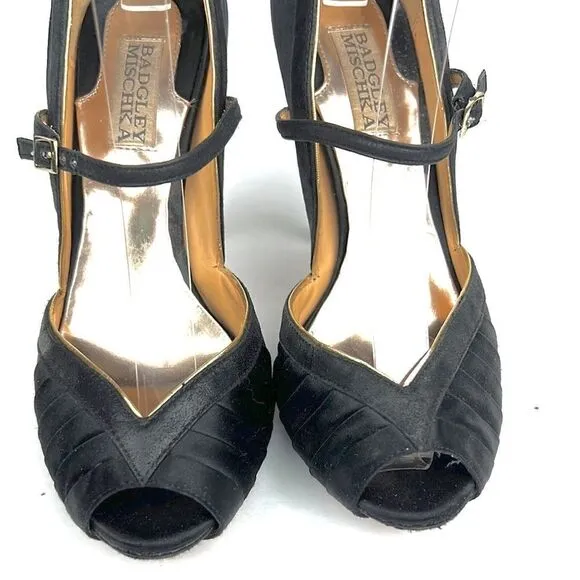 Badgley Mischka High Heels Open Toes Shoes Black Satin/ Leather Size US 6,5 M