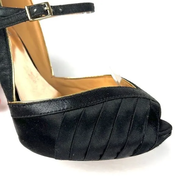 Badgley Mischka High Heels Open Toes Shoes Black Satin/ Leather Size US 6,5 M