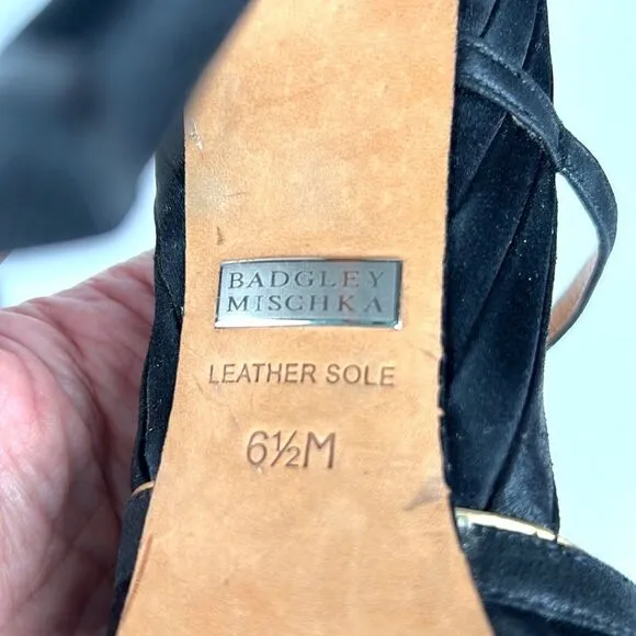 Badgley Mischka High Heels Open Toes Shoes Black Satin/ Leather Size US 6,5 M