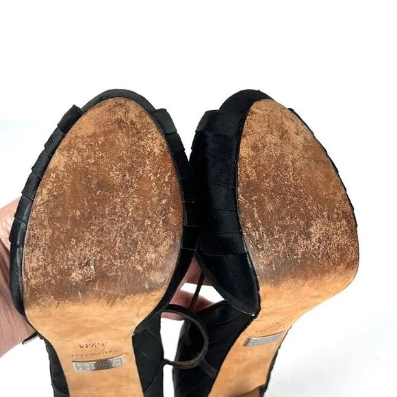 Badgley Mischka High Heels Open Toes Shoes Black Satin/ Leather Size US 6,5 M
