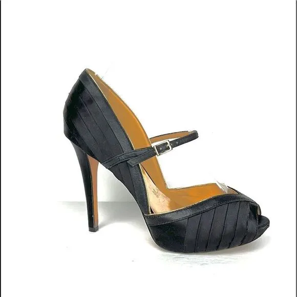 Badgley Mischka High Heels Open Toes Shoes Black Satin/ Leather Size US 6,5 M