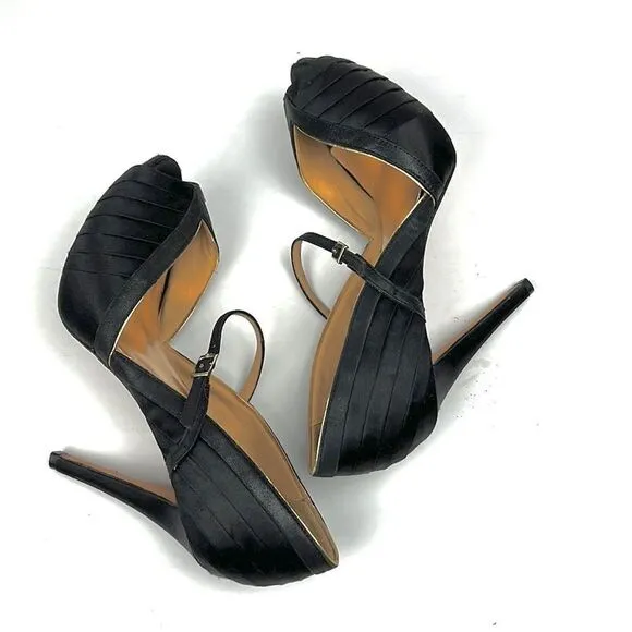 Badgley Mischka High Heels Open Toes Shoes Black Satin/ Leather Size US 6,5 M