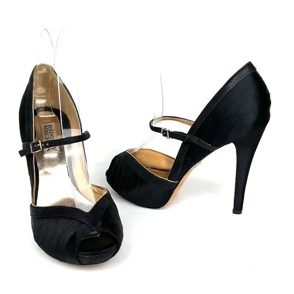 Badgley Mischka High Heels Open Toes Shoes Black Satin/ Leather Size US 6,5 M