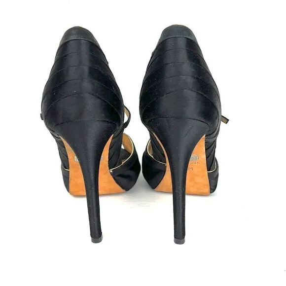 Badgley Mischka High Heels Open Toes Shoes Black Satin/ Leather Size US 6,5 M