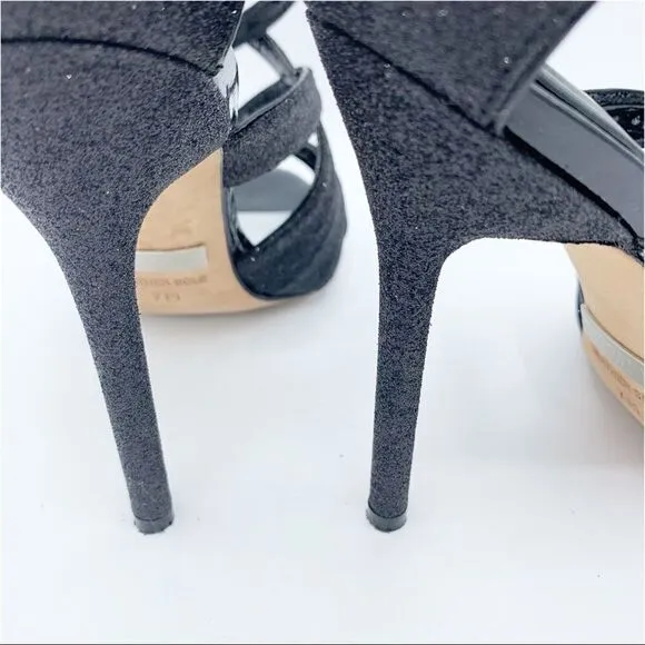 Badgley Mischka Evening Junebug Sandal Black Glitter Stiletto Heel Sz 7 EUC