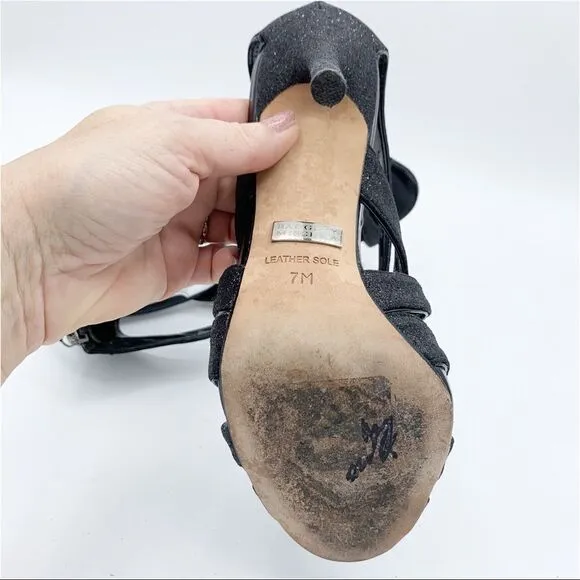 Badgley Mischka Evening Junebug Sandal Black Glitter Stiletto Heel Sz 7 EUC