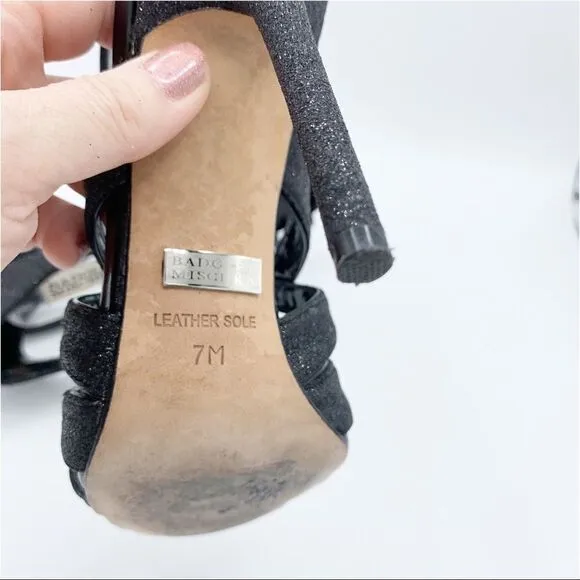 Badgley Mischka Evening Junebug Sandal Black Glitter Stiletto Heel Sz 7 EUC