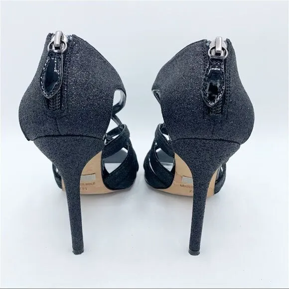 Badgley Mischka Evening Junebug Sandal Black Glitter Stiletto Heel Sz 7 EUC