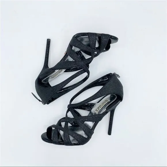 Badgley Mischka Evening Junebug Sandal Black Glitter Stiletto Heel Sz 7 EUC
