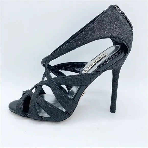 Badgley Mischka Evening Junebug Sandal Black Glitter Stiletto Heel Sz 7 EUC