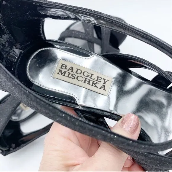 Badgley Mischka Evening Junebug Sandal Black Glitter Stiletto Heel Sz 7 EUC