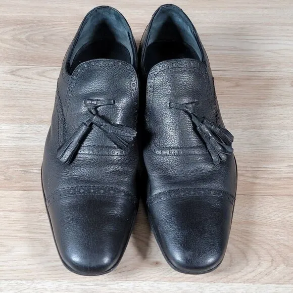 Bally Daumal Tassel Loafer Shoes Men Size 10.5 D Black Brogue Pebbled Leather
