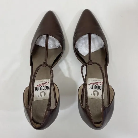 BANDOLINO VTG Punp Heels Luster Walnut Leather T Strap Point Toe 8