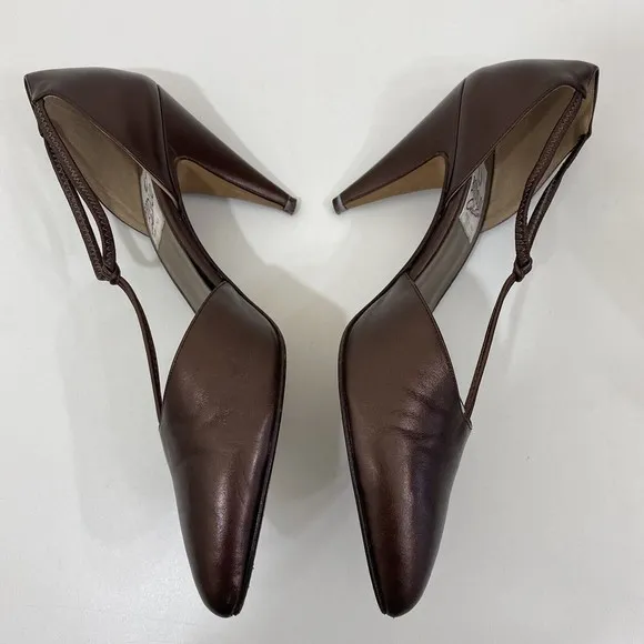 BANDOLINO VTG Punp Heels Luster Walnut Leather T Strap Point Toe 8