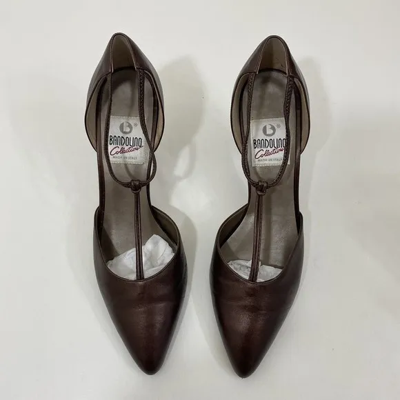 BANDOLINO VTG Punp Heels Luster Walnut Leather T Strap Point Toe 8
