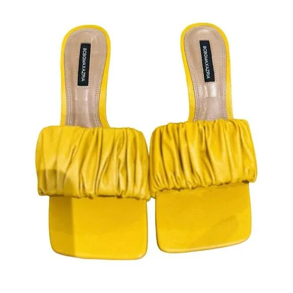BCBGMaxAzria NWOB Dallas Scrunched Leather Sandals In Tuscany Yellow Size 8