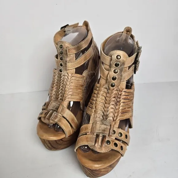 Bed Stu‎ Size 8 Cindy Brown Distressed Leather Platform Wood Heels Boho Shoes