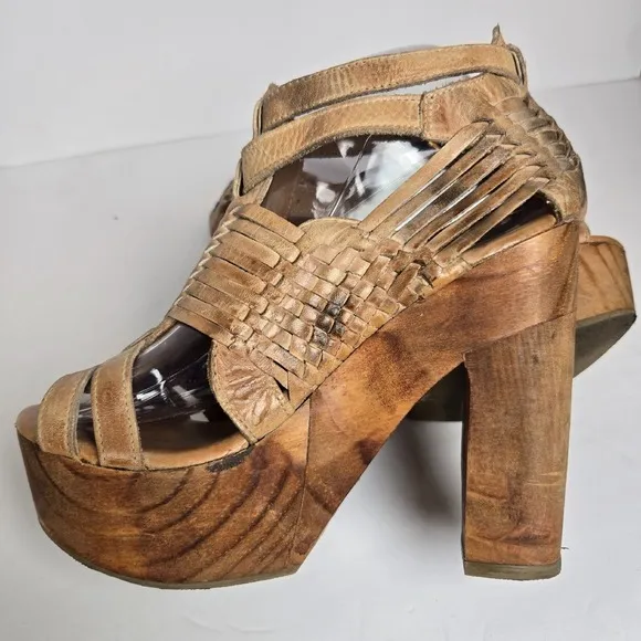 Bed Stu‎ Size 8 Cindy Brown Distressed Leather Platform Wood Heels Boho Shoes