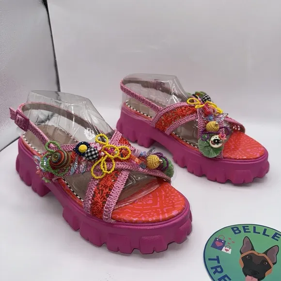 Betsey Johnson Womens Sz 8.5 Graysen  Chunky Platform Sandals Pink Beaded Y2K