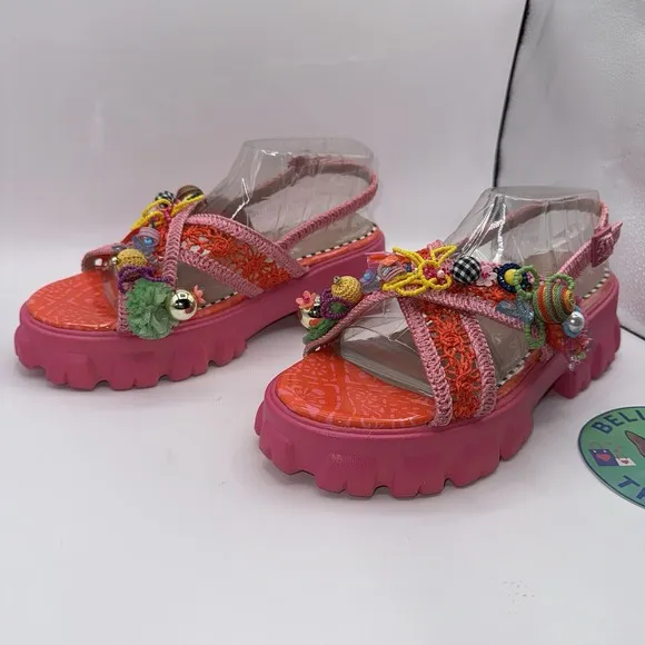 Betsey Johnson Womens Sz 8.5 Graysen  Chunky Platform Sandals Pink Beaded Y2K