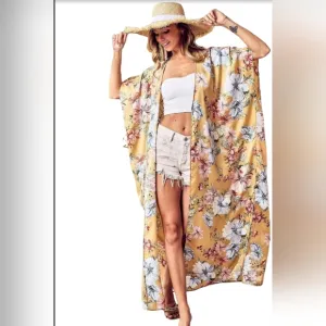 BiBi Oversized Floral Slit Kimono Lightweight Short Sleeve Longline Cardigan