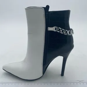 Black And White Pointed Toe Chain Straps High Heel Side Zipper Ankle Boots