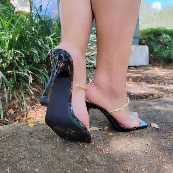 Black PAT Clear Chain Decor Stiletto Mules