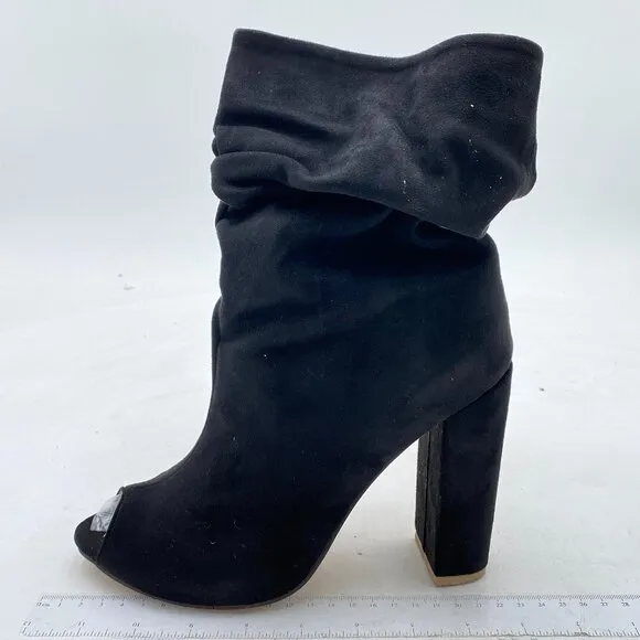 Black Suede Peep Toe Slouch Ankle Boots Chunky Heels Party Prom Dress Shoes