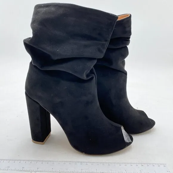 Black Suede Peep Toe Slouch Ankle Boots Chunky Heels Party Prom Dress Shoes