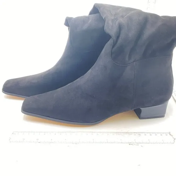 Black Suede Pull On Square Toe Wide Calf Long Boot Chunky Heel Ladies Fall Shoes