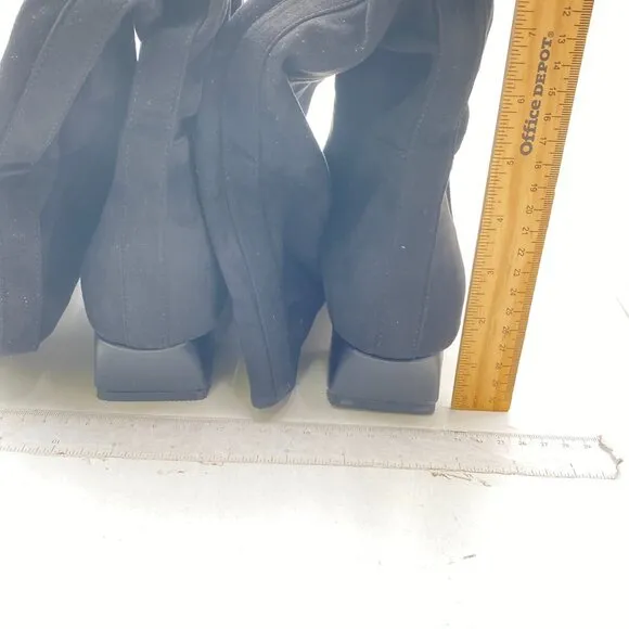 Black Suede Pull On Square Toe Wide Calf Long Boot Chunky Heel Ladies Fall Shoes