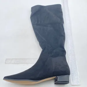 Black Suede Pull On Square Toe Wide Calf Long Boot Chunky Heel Ladies Fall Shoes