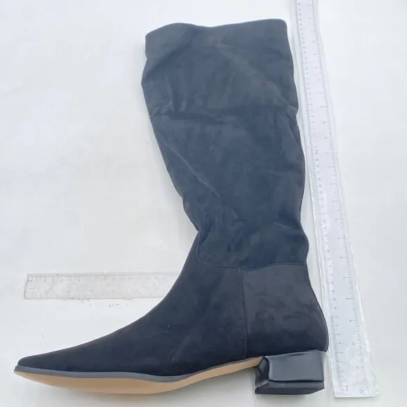 Black Suede Pull On Square Toe Wide Calf Long Boot Chunky Heel Ladies Fall Shoes