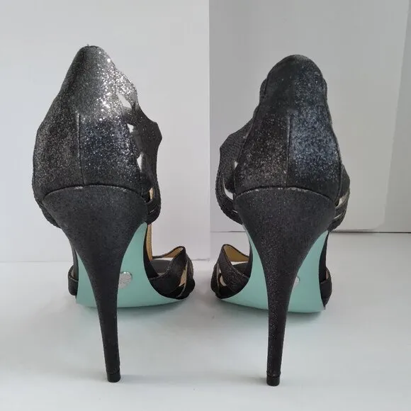 Black Suede Silver Glitter Peep Toe Cut Out Stiletto Heel TStrap Sandals Sz 9.5