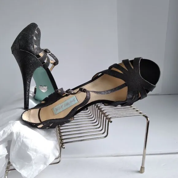 Black Suede Silver Glitter Peep Toe Cut Out Stiletto Heel TStrap Sandals Sz 9.5