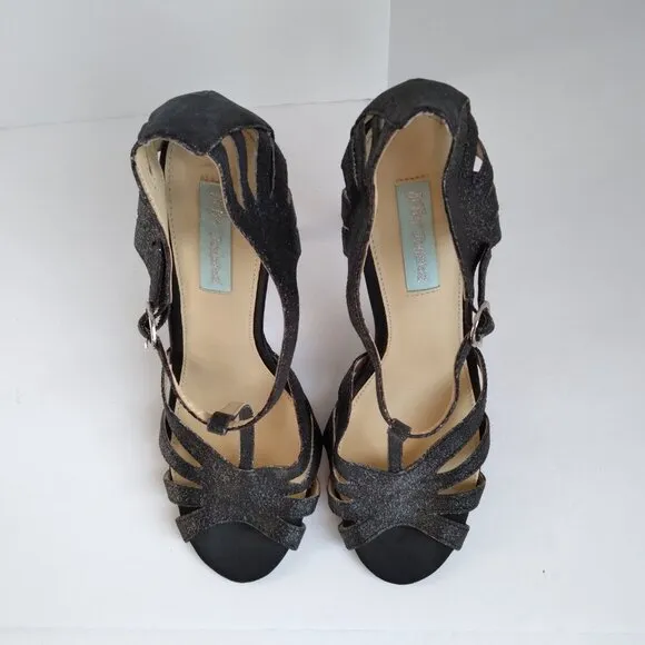 Black Suede Silver Glitter Peep Toe Cut Out Stiletto Heel TStrap Sandals Sz 9.5