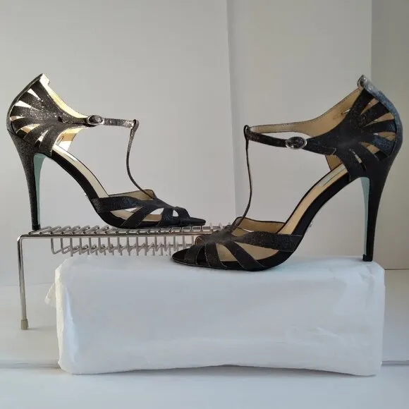 Black Suede Silver Glitter Peep Toe Cut Out Stiletto Heel TStrap Sandals Sz 9.5