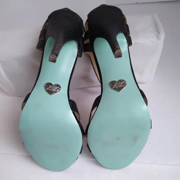 Black Suede Silver Glitter Peep Toe Cut Out Stiletto Heel TStrap Sandals Sz 9.5